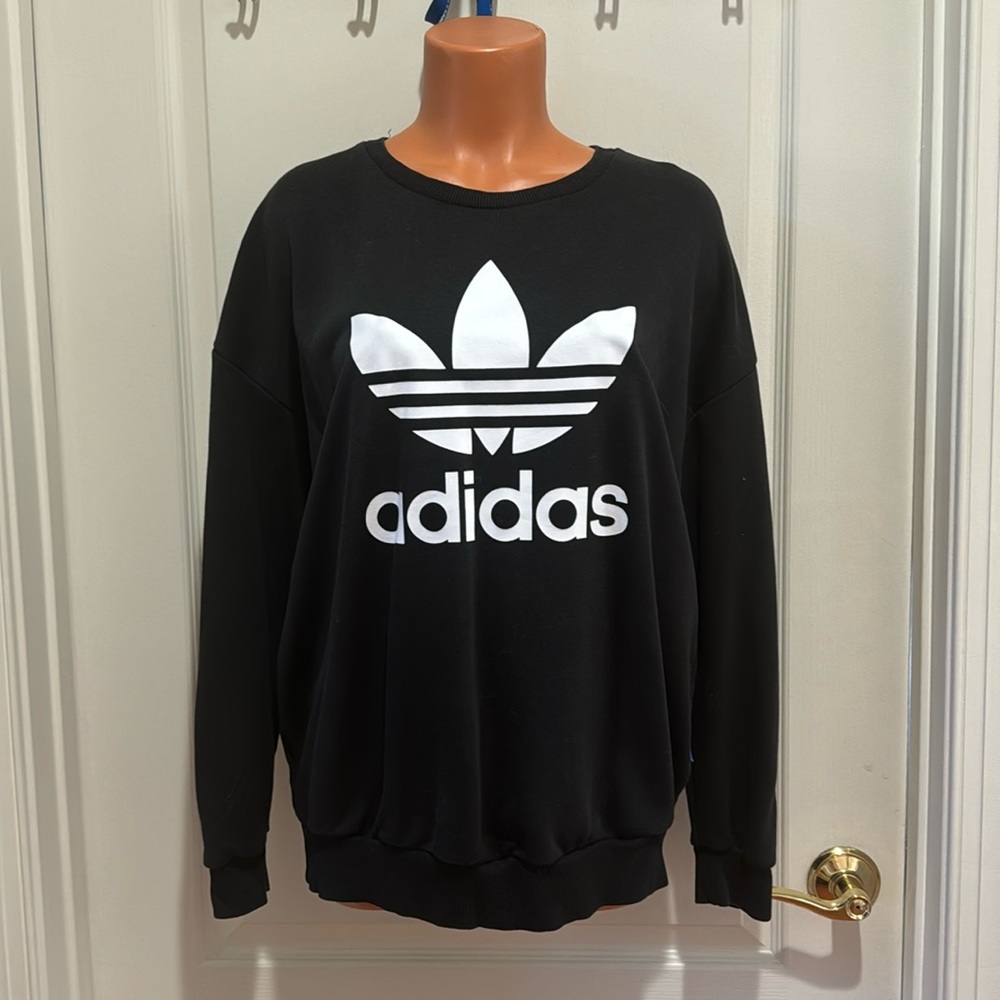 ADIDAS Loose Fit Black Crew Neck Sweatshirt Large Trefoil Logo S Small EUC $60 - Picture 3 of 11